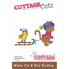 CC961 CottageCutz Dies Winter Cat & Bird Sledding 3.1"X2"