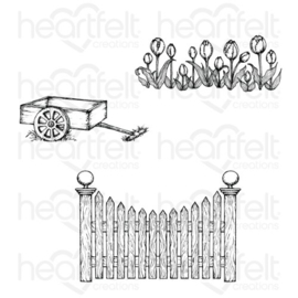 569076 Heartfelt Creations Cling Rubber Stamp Set Tulip Cart & Fence 5"X6.5"