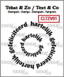 CLTZV01 Crealies Clearstamp Tekst & Zo Rond: hartelijk gefeliciteerd