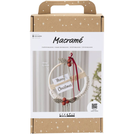 977699 Creativ Company Hobbyset macramé, Kerstkrans, mosgroen, kerstrood, off-white
