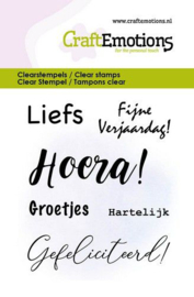 130501/5002 CraftEmotions clearstamps 6x7cm - Tekst Hoera, Groetjes