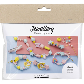 977778 Creativ Company Mini Hobbyset Sieraden, Halsketting, armbanden, oorbellen, lichtblauw, lichtrood, geel