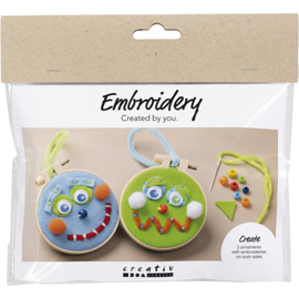 977783 Creativ Company Mini hobbyset borduren, Gezichtjes, blauw, groen