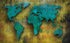Fotobehang Wereldkaart Blauw met Geel