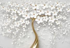 Fotobehang 3d boom bloemen magnolia goud abstractie