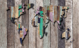 Fotobehang Wereldkaart op Planken