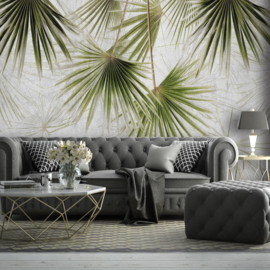 Fotobehang Industriële vervaagde groene palmbladeren