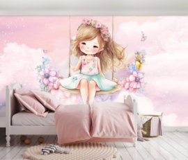 Fotobehang Meisje aan het schommelen in roze lucht
