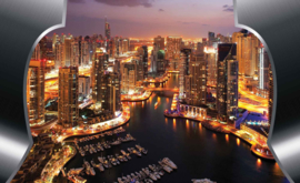 Fotobehang Dubai City Skyline Doorkijk