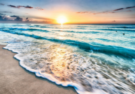 Fotobehang Zee met golven met zonsondergang