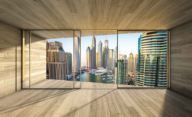 Fotobehang Uitzicht door het raam op de haven van Dubai City