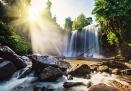 Fotobehang Watervallen met doorkomende zon