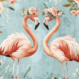 Fotobehang Flamingo's met rozen