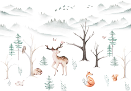 Fotobehang Wandschildering bosdieren in bergenlandschap