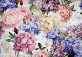 Fotobehang Vintage roze blauwe pioenrozen en rozen