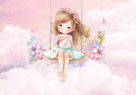 Fotobehang Meisje aan het schommelen in roze lucht