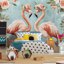 Fotobehang Flamingo's met rozen