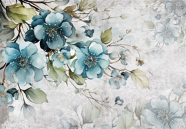 Fotobehang Wandschildering blauwe bloemen