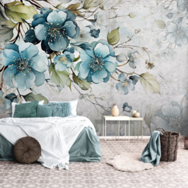Fotobehang Wandschildering blauwe bloemen