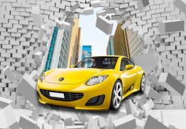 Fotobehang Gele sport auto door muur