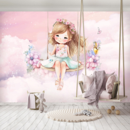 Fotobehang Meisje aan het schommelen in roze lucht