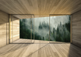 Fotobehang Bos in de mist uit raam