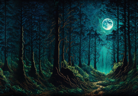 Fotobehang Volle maan in donker bos