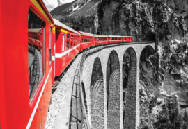 Fotobehang Red Train in the Mountains