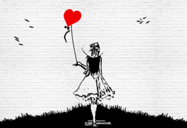 Fotobehang Banksy Graffiti Black and White Brick Wall Girl and Heart Balloon
