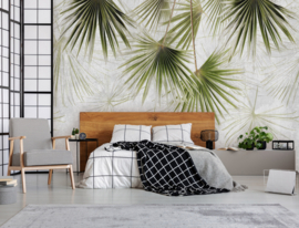 Fotobehang Industriële vervaagde groene palmbladeren