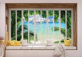 Fotobehang 3D Window View Tropical Beach