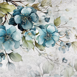 Fotobehang Wandschildering blauwe bloemen