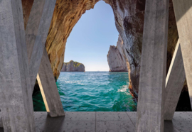 Fotobehang Oceaan uitzicht uit grot met moderne kunst