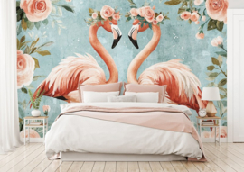 Fotobehang Flamingo's met rozen