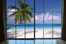 Fotobehang Venster uitzicht over strand