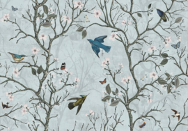 Fotobehang Blauwe bloesemtakken met vogels