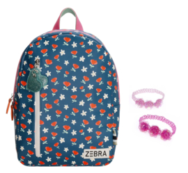 Zebra Rugzak Flowers Blue (m) - rugtas + gratis armbandje