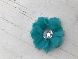 Bloem tule & chiffon met strassteentje aqua 5.5cm.