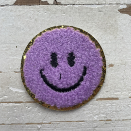 Strijkapplicatie smiley teddy paars goud 5cm.