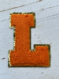 Opstrijkbare applicatie letter S  coral-goud glitter