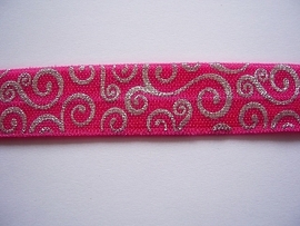 Elastisch band fel roze met swirl zilver