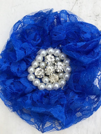 Luxe bloem kant met strass en parels royal blue/cobalt 9cm.