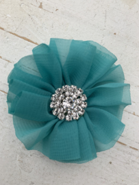 Luxe bloem met strass teal 6.5cm.