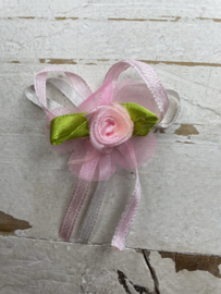 Strik satijn wit en roze met roosje 4cm.