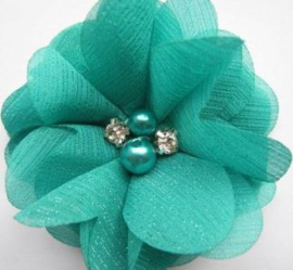 Bloem glitter chiffon met parels & strass teal  8cm.