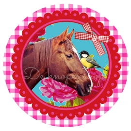 Flatback paard op fuchsia ruitje & vogel