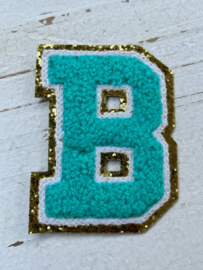 Opstrijkbare applicatie letter B  ocean green-goud glitter