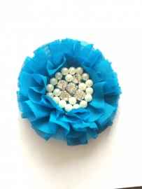 Luxe bloem met strass en parels turquoise blauw 9cm.