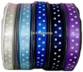 Satijnband licht blauw met stippen 1cm