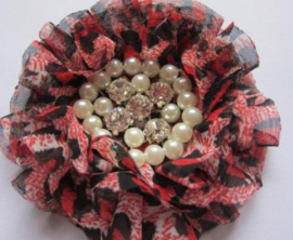 Luxe bloem met strass en parels tijger/panter rood 9cm.